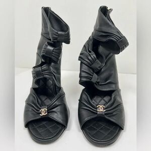 Chanel Ruched Open Toe Leather Camellia Booties Black